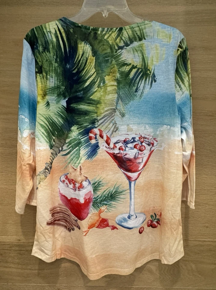 Рождественские коктейли на пляже 3/4 рукав рубашка женский размер 1 X (14W-16W) новый с Ярлыками - Изображение 1 из 1