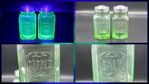 Vintage Hazel-Atlas Embossed Uranium Salt & Pepper Shaker Set 4.5" Tall GLOWS - Picture 1 of 1