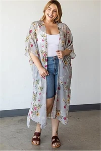 Womens Plus Size Gray Floral Kimono Cardigan 3XL Long - Picture 1 of 3