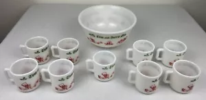 Vintage Hazel Atlas Glass Tom and Jerry Punch Bowl Set 9 Cups Mid Century VGC - Picture 1 of 24