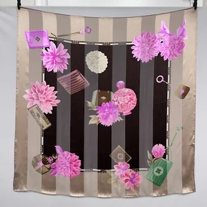 Vintage Leonard 100% Seide Schal Streifen Blumenmuster beige braun rosa grün - Bild 1 von 9