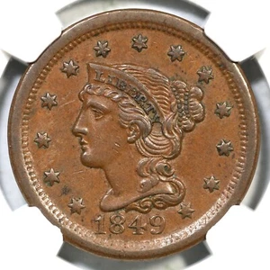 1849 N-11 NGC AU 55 CAC Braided Hair Large Cent Coin 1c - Picture 1 of 4