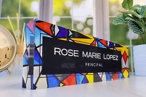 Personalized Clear Acrylic Plaque Name Plate for Desk Color Stain Glass CAB31SG