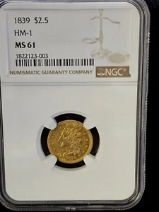 1839 $2.5 HM-1 Liberty Head Gold Quarter Eagle NGC MS61 - Picture 1 of 2