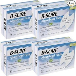 4pks B-Sure Incontinence Anal Leakage Pads Box of 24 Aid Pads, 96 pads FREE SHIP - Picture 1 of 6