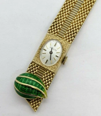 Vintage LeCoultre 14K Yellow Gold Green Enamel Clasp Bracelet Watch - 62.6 Grams - Image 1 of 4
