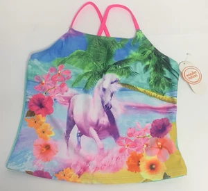 Wonder Nation Swim Top Girls Large 10/12 Aqua Mint Unicorn Print Floral Swim NWT - Picture 1 of 6