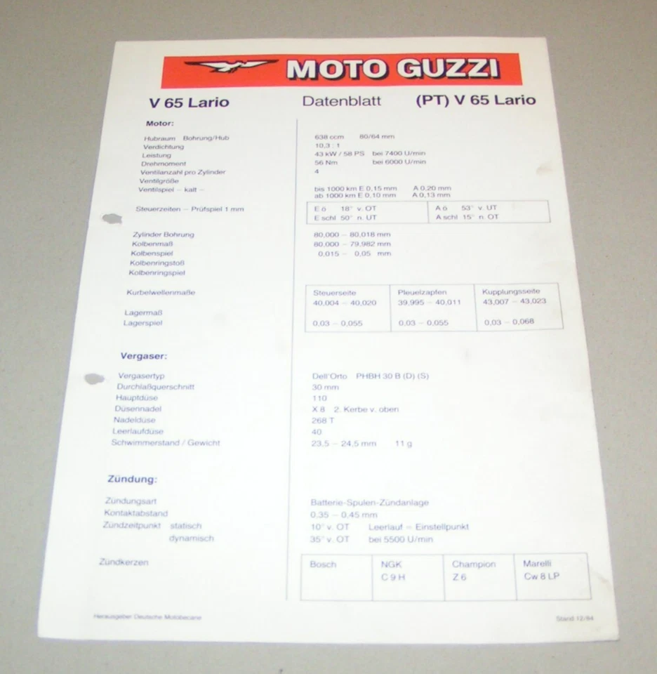 Datenblatt / Einstellwerte Moto Guzzi V 65 Lario - Stand 1984 - Image 1 of 1