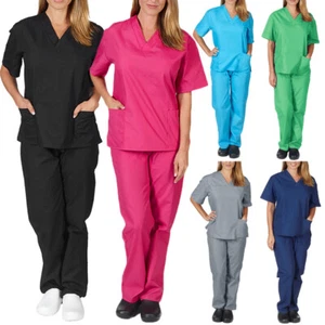 Unisex Stretch Nurse Uniform Scrub Suit Women Men V-Neck Pocket Top Jogger Pant - Picture 1 of 18