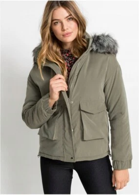 Abrigo con capucha arco iris para mujer chaqueta ribete de piel sintética oliva oscuro talla 10 Foto 1 de 4