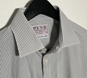 Thomas Pink Cotton Dress Shirt Mens 16.5-36 Striped Made in Ireland Barrel Cuffs - Picture 1 of 11