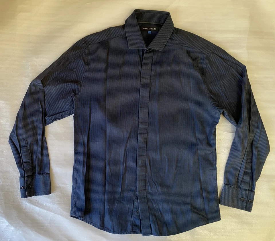 Vince Camuto 条纹纽扣衬衫蓝色 M 码长袖休闲口袋 — 第 1/4 张图片