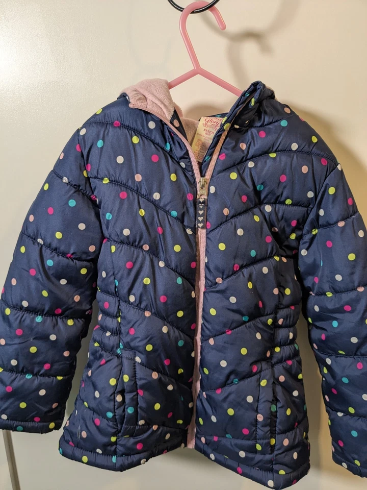 Faded Glory Winter Blue Jacket with Polka Dots, hood, fur lining Girls Size 4-5 - Image 1 of 4