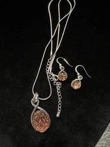Faux Sunstone Silvertone Necklace And Earring Set 22-24” (lot# 91) - Picture 1 of 5