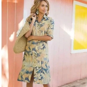 Women's Soft Surroundings Linen Blend Palm Leaves Floral Print Dress Large - Picture 1 of 11