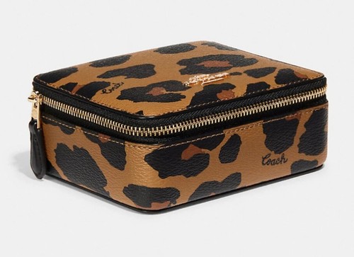 Coach grande portagioie stampa leopardata oro sella leggera multi tela pelle NUOVO