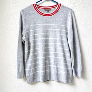 LILLA P Sweater Cotton Linen Women's Gray Stripe Sz MEDIUM Classic Crew - Picture 1 of 4