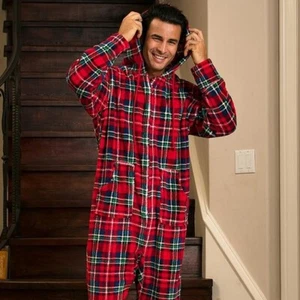 Alexander Del Rossa Men's Fleece One-Piece Pajamas Stewart Tartan Plaid Size M - Picture 1 of 5