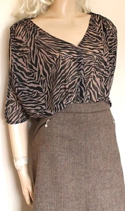 River Island animal print beige Black sheer boho blouse size 10/12 slash sleeve - Picture 1 of 8