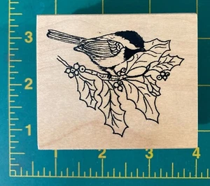 Great Impressions Chickadee Holly Branch Berries Winter Christmas Rubber Stamp - Picture 1 of 2