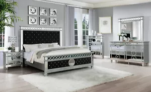 NEW Modern 5PC Black Velvet Mirrored Queen King Bedroom Set Furniture B/D/M/N/C - Picture 1 of 3