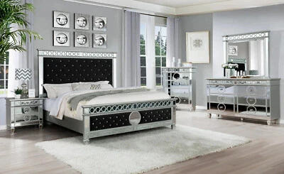 NEW Modern 5PC Black Velvet Mirrored Queen King Bedroom Set Furniture B/D/M/N/C - Image 1 of 4