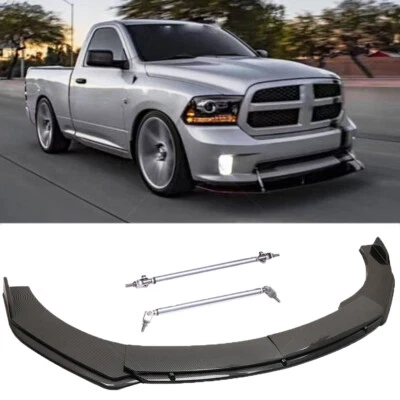 Parachoques delantero divisor de labios estilo carbono + barra de varillas de puntal para Dodge Ram 1500 Foto 1 de 4