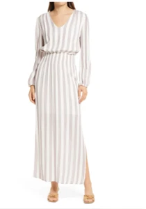 FRAICHE by J Taupe Stripe Smocked Waist Long Sleeve Side Slit Maxi Dress LARGE - Picture 1 of 5