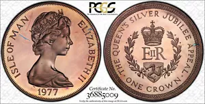 NQC 1977 Crown Isle of Man Queen’s Appeal Ag KM-42a PR 68 DCAM (Tone Colors) - Picture 1 of 1