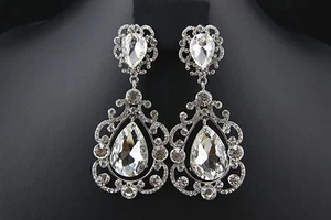 Crystal Clear Rhinestone CLIP-ON Chandelir Earrings for Wedding Prom Bridesmaid - Picture 1 of 5