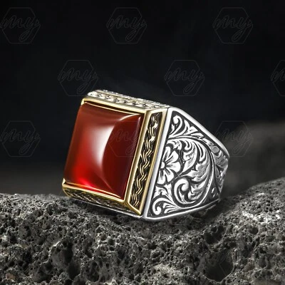 925 Sterling Silver Turkish Erzurum Engraved Agate Stone Men's Ring - Image 1 of 3
