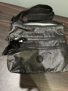 Kipling Crossbody Bag Purse Nylon Metallic Silver - Heart Pattern Gray Interior - Picture 1 of 5