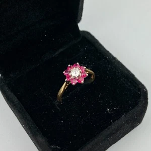 18k Ruby & Diamond Halo Yellow Gold Ring Size 6.5 - Picture 1 of 5