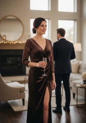 Elegant Deep Brown Velvet Evening Gown – Size 18 – New Without Tags - Image 1 of 2