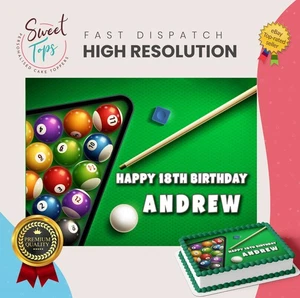 POOL BILLIARDS TABLE PERSONALISED RECTANGLE EDIBLE CAKE TOPPER DECORATION - Picture 1 of 7