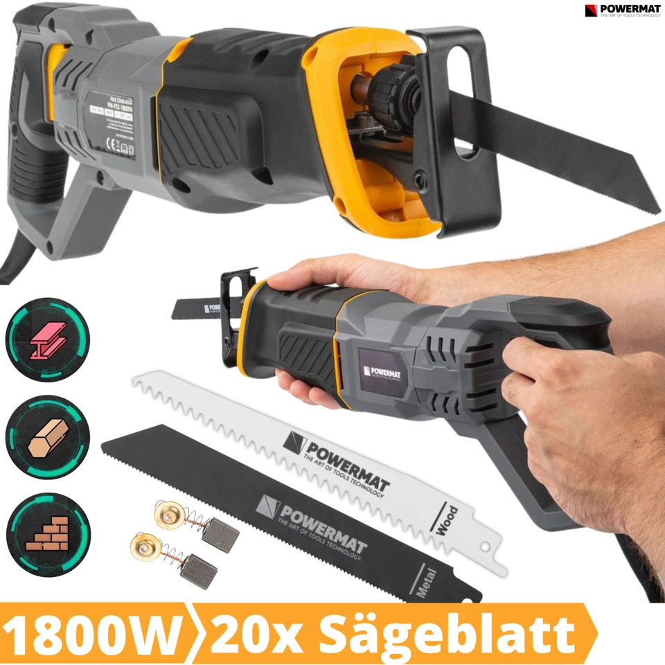MARKENLOS Säbelsäge Reciprosäge Tigersäge Fuchsschwanz 1800W 20x Sägeblätter Stahl Holz
