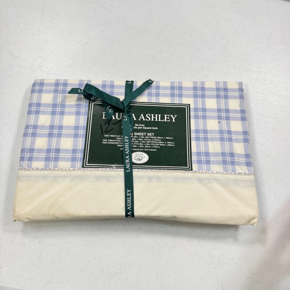 Sábana plana vintage Laura Ashley doble azul cuarteto sicómoro cuadros Foto 1 de 4