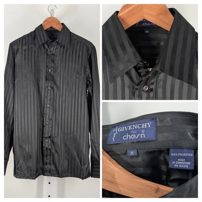 Givenchy Vintage 70s 80s Black Sateen Jacquard Stripe Disco Club Button Shirt M - Image 1 of 4