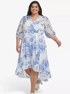Calvin Klein Woman Coastal Blue/White Floral Timeless Flowy Midi Dress Sz. 18W - Picture 1 of 6