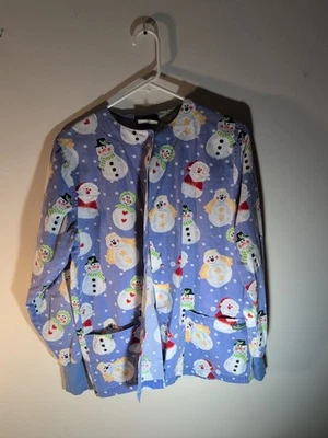 ua scrub Button Up Jacket Snowman Christmas Theme Size Medium - Image 1 of 3