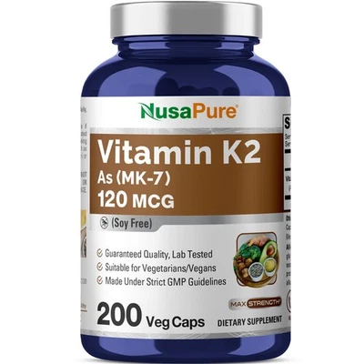 NusaPure Vitamina K2 MK7 120 mcg 200 Cápsulas Vegetales (No OGM, Vegano) Foto 1 de 4