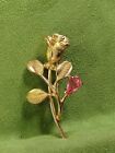 Vintage Avon Rose Flower w/ Pink Rhinestone BROOCH PIN  Gold Tone 🌹