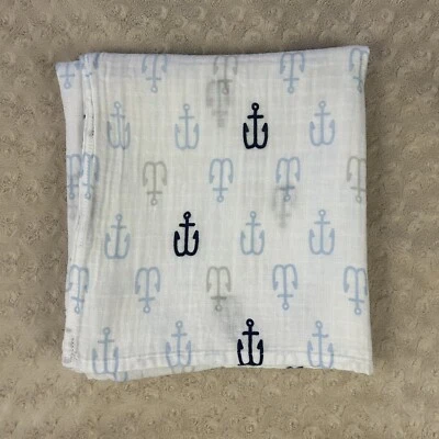 Cloud Island Anchors婴儿襁褓毯蓝色白色薄纱棉航海灰色 — 第 1/4 张图片