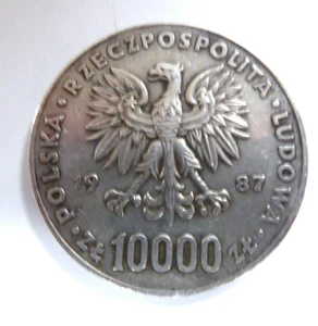 BIG SILVER COMMEMORATIVE 10,000 ZLOTYCH 1987 COIN OF POLAND POPE JOHN PAUL II Ag - Picture 1 of 2