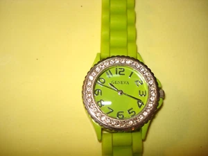 Women's Neon Green Rhinestone Wrist Watch  Runs   Geneva - Picture 1 of 4