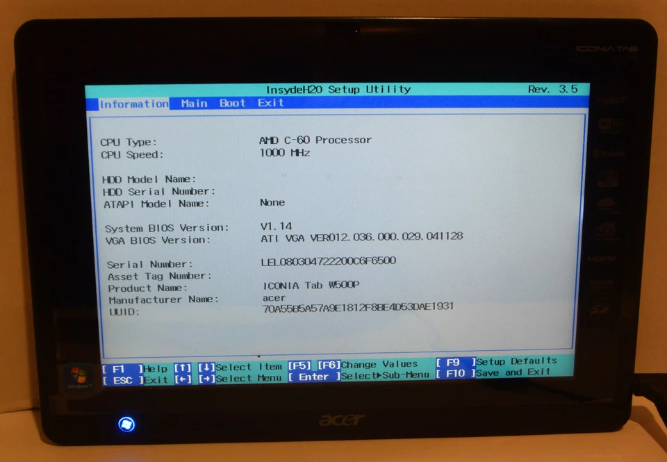Acer Iconia W500P-BZ841 - Wi-Fi, 10.1in - NO SSD  - Black - WORKS AS IS - READ - Image 1 of 4