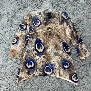 French Blue Tunic Top Women's PM Peacock Print Colorful Artsy Boho Bling Studded - Picture 1 of 10