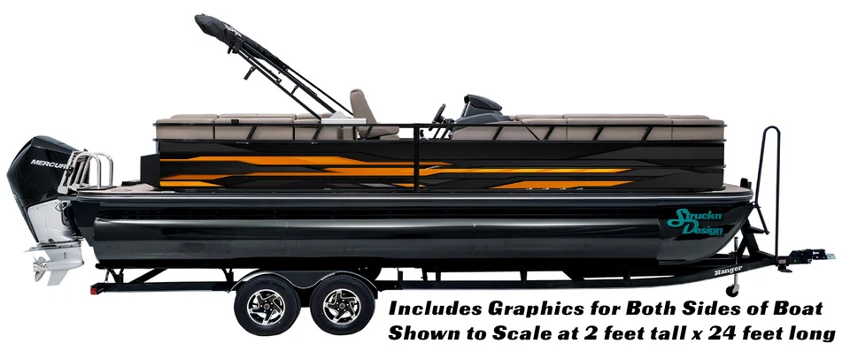 Abstract Orange Graphic Lines Black Decal Fishing Boat Pontoon US Wrap Kit Vinyl - Image 1 of 1