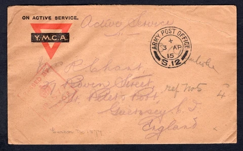 GB WW1 Military 1917 Censored Cover to GUERNSEY England YMCA APO S.12, France Cover