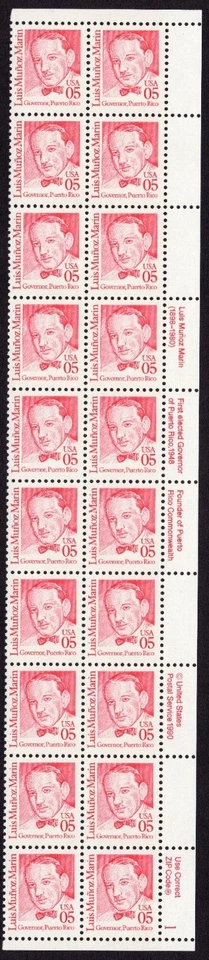 Scott #2173 Luis Munoz Marin Plate Block of 20 Stamps - MNH P#1 LR - Image 1 of 1